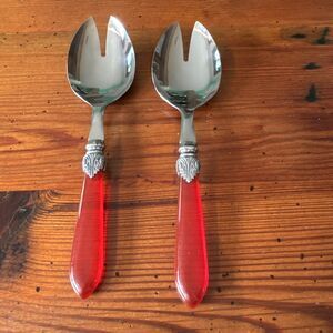 Ruby Red Handled Salad Serving Untensils/Sporks 10 Inches Clear Red Handles